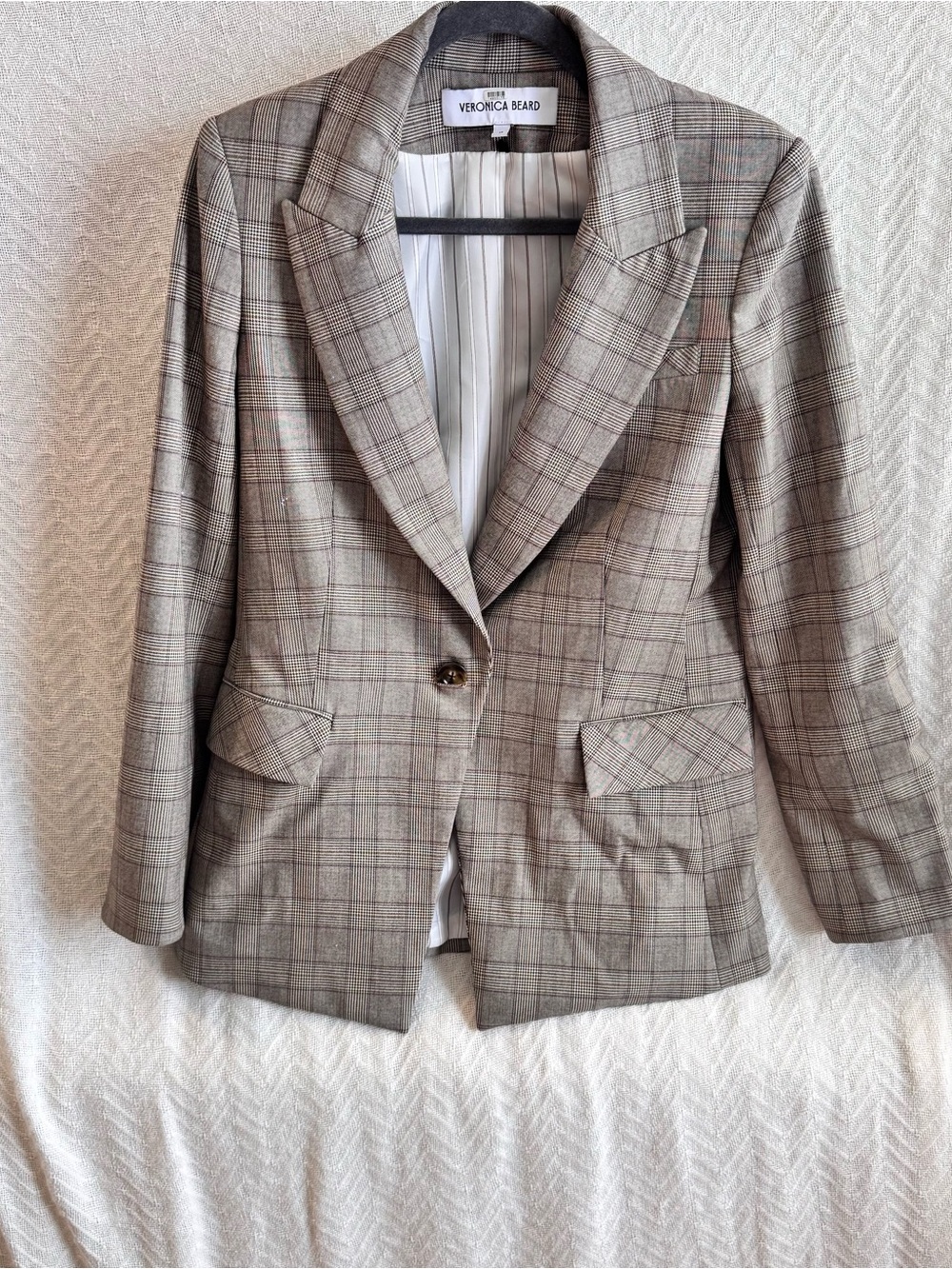 Veronica Beard Taupe Plaid Single-Button Blazer